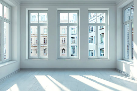 A bright modern room featuring large windows that frame an urban view. The sunlight floods the minimalist space, creating a fresh and inviting atmosphere.の写真素材