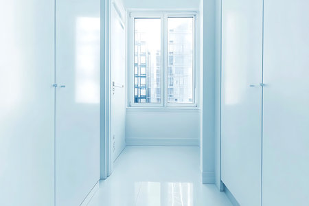 This image captures a bright and modern hallway featuring a minimalist white design that emphasizes light and space, perfect for contemporary interiors.の写真素材