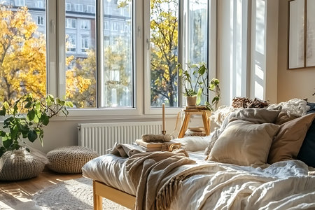 A cozy bedroom scene filled with warm sunlight, soft pillows, and indoor plants. Perfectly captures tranquil autumn vibes and inviting decor.の写真素材