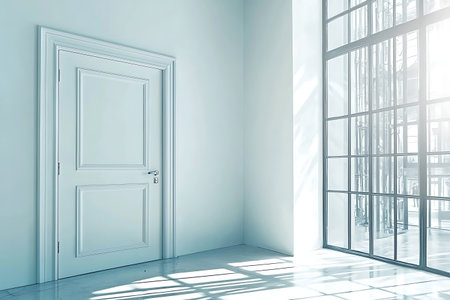 A serene and minimal interior featuring a white door and large window that fills the room with natural light, highlighting sleek design and tranquility.の写真素材
