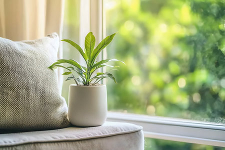 A serene indoor plant placed by a window adds a touch of nature to a modern living space, enhancing the ambiance with vibrant greenery and soft light.の写真素材