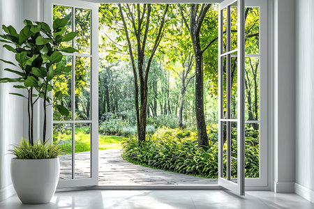 This captivating image features a serene indoor scene with open windows showcasing vibrant greenery and sunlight. It embodies tranquility and natural beauty.の写真素材