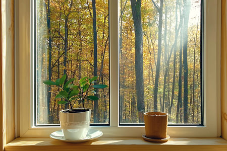 A serene window view showcasing sunlight filtering through trees in autumn, with two potted plants...