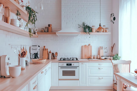 This modern minimalist kitchen features bright white brick walls, wooden shelves, and warm decor, creating a cozy atmosphere perfect for cooking and gathering.の写真素材