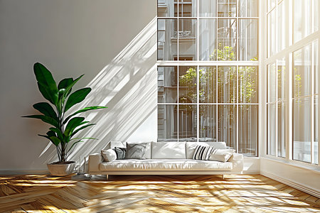 A bright and inviting modern living room features a stylish sofa, an indoor plant, and large windows allowing natural light to fill the space warmly.の写真素材