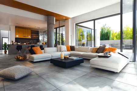 Bright and airy living room featuring a modern white sofa, vibrant cushions, and expansive windows...