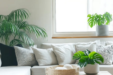 This image captures a cozy living room filled with natural light, showcasing a soft neutral sofa...