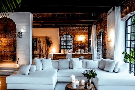 Discover a cozy modern living room featuring a stylish white sofa and exposed brick walls. The space embodies contemporary design, inviting relaxation and warmth.の写真素材