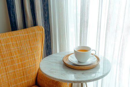 A serene scene featuring a cup of tea on a marble table, accentuated by a cozy yellow chair and soft curtains. Perfect for relaxation.の写真素材