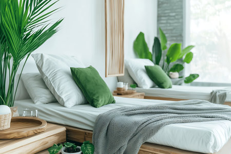 Discover a cozy and modern bedroom interior featuring green accents and natural elements that create a serene atmosphere perfect for relaxation and rest.の写真素材