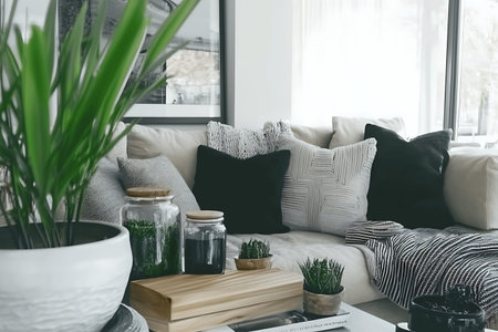 This image showcases a cozy modern living room featuring a light-colored sofa adorned with textured...