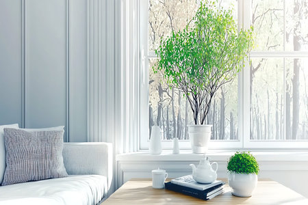 A bright and airy living room featuring a potted green plant, soft white furniture, and a wooden table. The sunlight streaming through the window creates a serene and inviting space, perfect for relaxation and modern living.の写真素材
