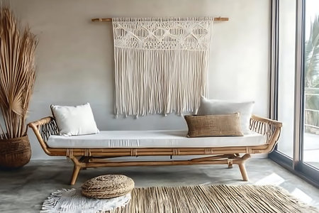 Inviting bohemian living room featuring a rattan sofa adorned with decorative cushions, natural...