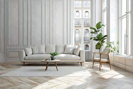 Bright and airy modern living room featuring a sofa, armchair, and indoor plants. Natural light...
