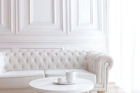 A serene living room featuring an elegant white couch adorned with decorative pillows. Natural light streams in, enhancing the inviting atmosphere and minimalist decor.の写真素材