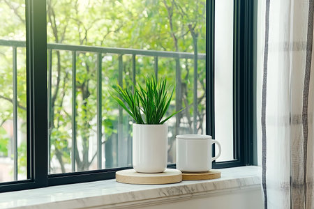 A serene indoor scene featuring a fresh green plant in a white pot and a simplistic cup on a sunny window sill, bringing a touch of nature indoors.の写真素材