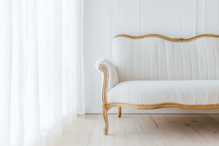 This elegant vintage white sofa with wooden accents enhances any interior, adding a touch of style and comfort. Ideal for modern or classic decor.の写真素材