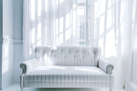 A bright and airy room featuring a white couch bathed in soft natural light. Sheer curtains create gentle shadows, enhancing the serene atmosphere and inviting elegance.の写真素材