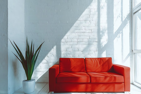 A bright living room featuring a vibrant red sofa, complemented by an indoor plant and large windows casting playful shadows on white walls.の写真素材