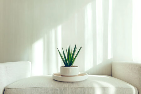 A serene indoor scene showcasing a minimalist plant arrangement on a stylish coffee table, illuminated by natural sunlight, emphasizing tranquility and modern design.の写真素材