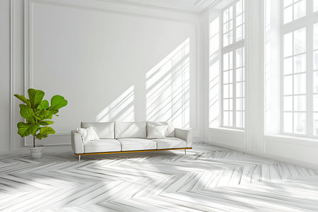 Bright and airy living room featuring a modern white couch, large windows allowing natural light, and tasteful decor elements.の写真素材