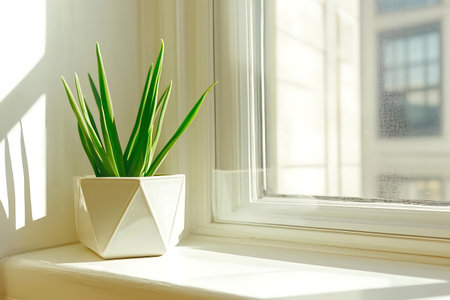 A vibrant indoor plant sits on a sunlit windowsill, enhancing the ambiance of a modern space with its fresh greenery and calming presence. Ideal for decor.の写真素材