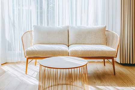 A stylish and modern minimalist couch with soft cushions, paired with a round table, enhances the...