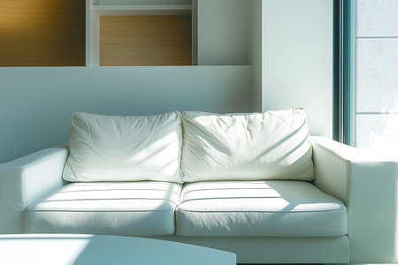 This image captures a bright and modern living room featuring a white couch that invites relaxation. Natural sunlight enhances the inviting atmosphere.の写真素材