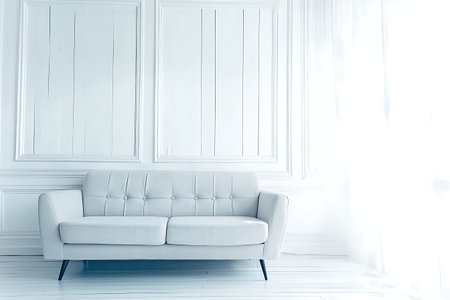 A serene and minimalist white sofa sits gracefully in a bright room, bathed in soft natural light, offering an inviting and elegant atmosphere suitable for any modern space.の写真素材