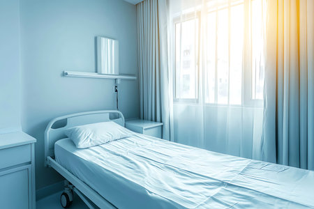 Modern hospital room features a single hospital bed with crisp linens, bright walls, and abundant natural light, creating a healing and peaceful atmosphere.の写真素材