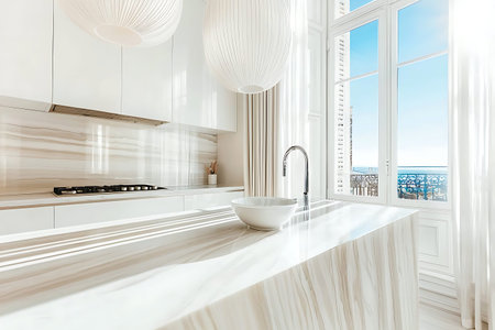 Bright and airy modern kitchen with a stunning marble countertop and expansive ocean view, featuring stylish decor and abundant natural light for a perfect cooking space.の写真素材