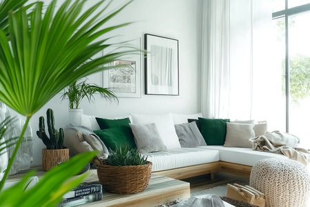 Bright and inviting living room featuring a cozy sofa adorned with cushions, complemented by vibrant indoor plants and natural light streaming through the large windows.の写真素材