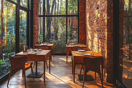 A serene restaurant interior featuring wooden furniture bathed in natural light, complemented by...