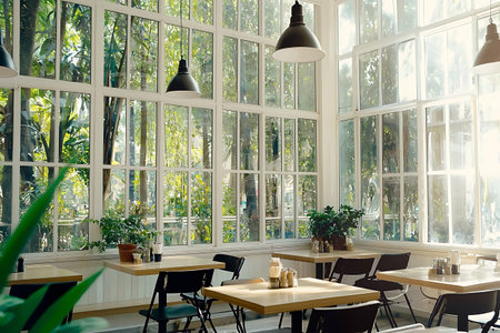 A cheerful and inviting cafe interior featuring large windows that fill the space with natural...