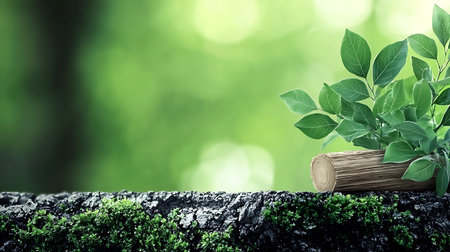 A tranquil scene featuring fresh green leaves on a wooden log, set against a softly blurred natural...