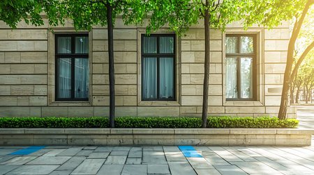 A serene urban scene showcasing a sunlit stone wall adorned with trees and modern windows, reflecting tranquility and beauty in city living.の写真素材