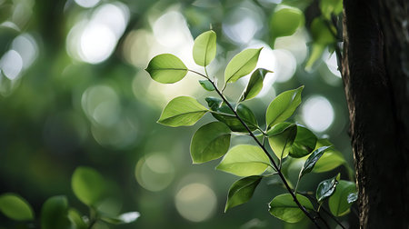 A stunning close-up of vibrant green leaves bathed in natural light, creating a soft bokeh effect...