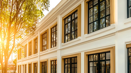 This image showcases a modern architectural design featuring a stylish urban building facade illuminated by warm sunlight. The contrasting elements create a serene atmosphere.の写真素材