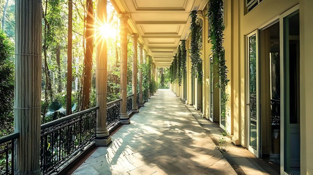 A stunning corridor bathed in warm sunlight, bordered by lush greenery and elegant architecture, offers a serene escape into nature's beauty and tranquility.の写真素材