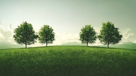 A serene landscape featuring four lush green trees on a gentle hill, surrounded by vibrant grass. The soft cloudy sky enhances the peaceful atmosphere, inviting tranquility.の写真素材