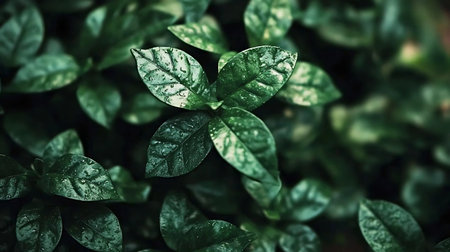Discover a serene close-up of fresh green leaves adorned with water drops, showcasing rich textures that highlight the beauty of nature.の写真素材