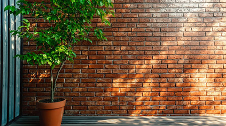 A vibrant green plant in a terracotta pot stands against a rustic brick wall, casting beautiful shadows on a wooden floor, creating an inviting atmosphere.の写真素材