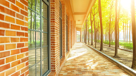 A peaceful walkway surrounded by vibrant trees and warm brick walls, illuminated by soft sunlight. Perfect for nature lovers and architecture enthusiasts.の写真素材