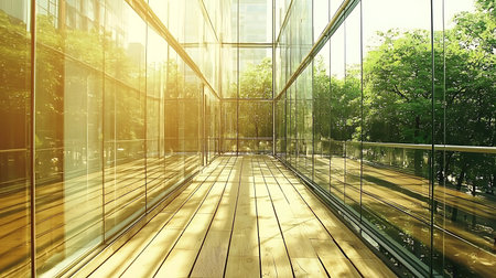 A bright and inviting glass corridor showcases a wooden floor filled with sunlight and surrounding greenery, combining modern architecture with nature.の写真素材