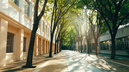 A tranquil pathway flanked by vibrant green trees, offering a peaceful escape in an urban environment, illuminated by soft sunlight filtering through foliage.の写真素材