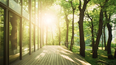 Experience a peaceful outdoor space bathed in warm sunlight, surrounded by lush greenery and modern architecture, perfect for relaxation and reflection.の写真素材