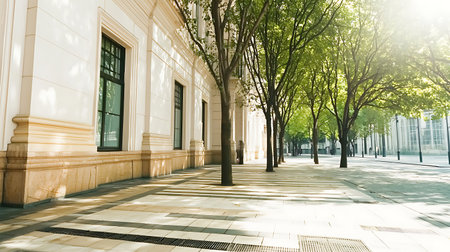 A serene urban landscape showcasing a sunlit sidewalk lined with lush trees, creating a peaceful atmosphere in a vibrant city during the spring season.の写真素材