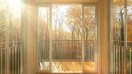 A tranquil scene showcasing a cozy interior with large glass doors revealing a vibrant autumn...
