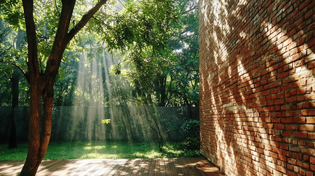A beautiful garden scene featuring sunlight streaming through lush green trees, creating a serene...