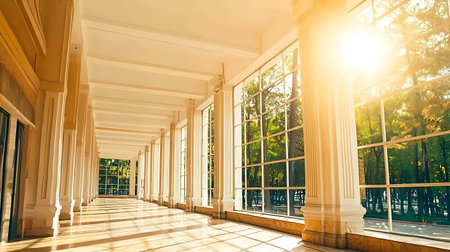 Bright sunlight illuminates a spacious hallway lined with elegant columns and large windows. The...